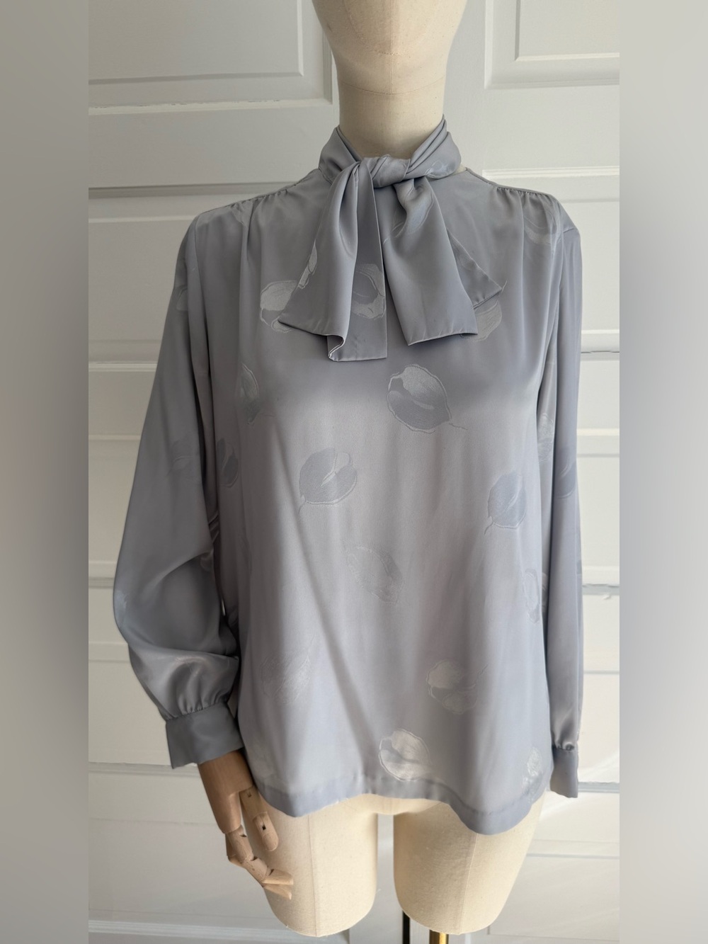 Vintage Quiet Luxury Silver Grey Tie Neck Satin Blouse - Minimalist Chic